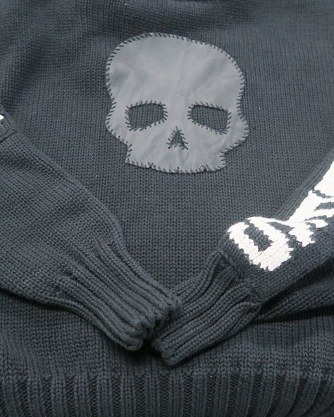 The Los Angeles Skull Sweater 💀 Hand-loomed in recycled cotton and finished with a hand sewn leather appliqué skull. Now available on sussknits.com Skull Hand Embroidery, Handmade Clothes Diy, Grunge Crafts, Skull Diy, Grunge Tshirt, Sweater Diy, Embroidered Skull, Skull Embroidery, Hand Sewn Leather