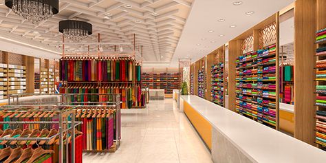 Saree Showroom, Store Counter Design, Shop Counter Design, Fabric Library, Fabric Store Displays, Partition Designs, Fabric Store Design, Showroom Decor, Commercial Design Exterior