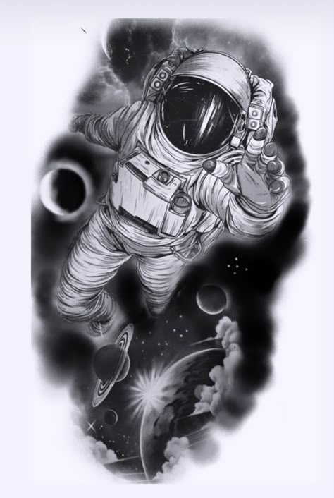 Cool Astronaut Tattoos, Astronaut Planet Tattoo, Space Background Tattoo, Space Tattoo Ideas For Men, Astronaut Space Tattoo, Astronaut Tattoo Stencil, Space Man Tattoo, Universe Tattoo Design, Planets Tattoo Design