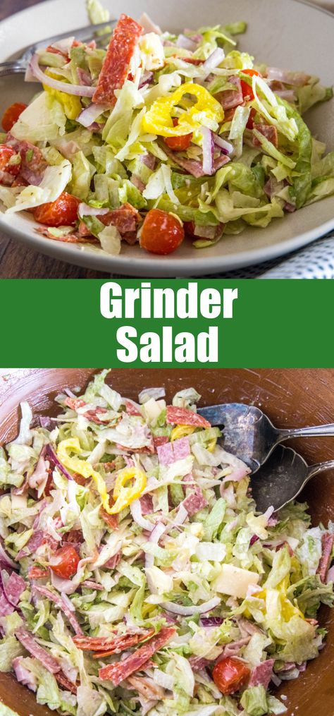 This grinder salad is packed with the flavors of an Italian sub sandwich! With crisp lettuce, deli meat, and cheese tossed in tangy dressing. Sub Sandwich Salad Recipe, Saddle Salad, Italian Meat Salad, Salad With Meat Recipes, Meat Salads Cold, Sub Sandwich In A Bowl, Grinders Salad, Tik Tok Italian Grinder, Italian Lettuce Salad Recipes