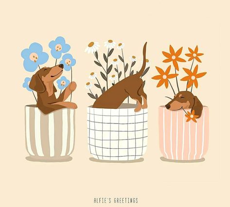 Weener Dogs Drawing, Daschund Illustration Cute, Dog And Flowers Illustration, Dauchsands Drawing, Dogs Playing Illustration, Dachshund Dog Illustration, Cute Dachshund Drawings, Dachshund Illustration Drawings, Dog With Flowers Drawing