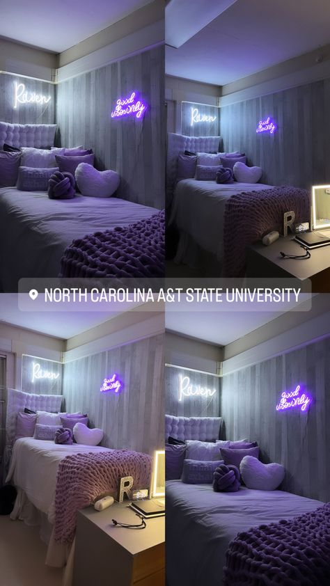 Purple Room Theme Ideas, Grey And Purple Dorm Room, College Apartment Bedroom Decorating Small Rooms Organization Ideas, Grey Dorm Aesthetic, Lavender And Grey Dorm Room, Dorm Inspiration Aesthetic, Luxurious Dorm Rooms, Black And Purple Dorm Room Ideas, Purple Gray And White Bedroom