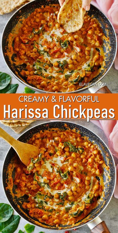 Prepare a cozy harissa chickpea stew that's comforting and delicious! This one-pot meal is packed with protein and fiber, thanks to chickpeas simmered in a creamy, spicy tomato harissa sauce with spinach. Harissa Chickpeas, Ella Vegan, Vegan Chickpea Recipes, Harissa Sauce, Spiced Chickpeas, Chickpea Stew, Vegan Side Dishes, Chickpea Recipes, Meatless Meals