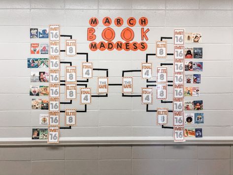 March Madness Reading Challenge, March Madness Bulletin Board, March Madness Book Tournament, Elementary Library Decor, Second Grade Classroom Decor, March Madness Activities, March Madness Books, Colorful Library, Tournament Of Books