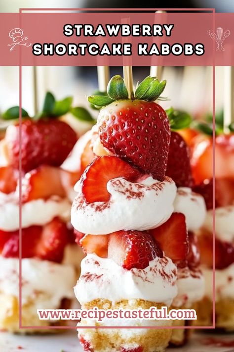 Delightful Strawberry Shortcake Kabobs are a fun and easy dessert perfect for summer gatherings. Juicy strawberries and fluffy angel food cake come together on skewers, making a delicious treat that's great for dipping in whipped cream or chocolate. Strawberry Shortcake Kabobs, Dessert Kabobs, Sweet Dip, Strawberry Whipped Cream, Chocolate Garnishes, Candy Fruit, Fruit Kabobs, Sweet Dips, Angel Cake