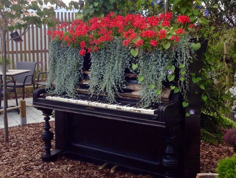 Piano Garden Planter, Piano Garden Ideas, Piano In Garden, Piano Planter, Repurposed Piano, Gatsby Gala, Old Piano, Piano Decor, Raised Garden Planters