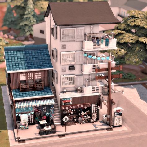 Asian Inspired Street - Screenshots - The Sims 4 Rooms / Lots - CurseForge Asian Apartment Building, Sims 4 Mt Komorebi Builds, Japanese Apartment Building, Sims 4 Japanese House, Sims 4 Rooms, Mt Komorebi, Japanese Neighborhood, Lotes The Sims 4, Karaoke Bar