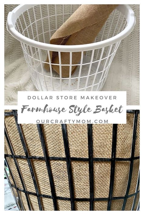 How To Make A Farmhouse Basket From The Dollar Store Farmhouse Basket Decor, White Laundry Basket, Laundry Room Decor Diy, Farmhouse Baskets, Dollar Store Bins, Diy Laundry Basket, Farmhouse Basket, Basket Makeover, Dollar Store Ideas