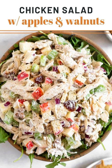 Fall-inspired chicken salad with apples, walnuts, celery, dates, and herbs, and tossed with creamy greek yogurt for extra protein. This chicken salad recipe is perfect it in a salad, in a sandwich, on lettuce wraps, or eaten as is. Or make it for meal prep or a quick and easy lunch! Gluten-free and high in protein. Healthy Salad Recipes With Lettuce, Apple And Chicken Salad, Chicken Salad With Walnuts And Grapes, Apple Walnut Chicken Salad, Fall Chicken Salad Recipe, Macro Salad Recipes, High Protein Salad Dressing, Chicken Salad Recipe With Apples, Michigan Salad