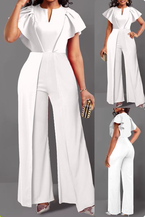 This asymmetry long v neck short sleeve white jumpsuit is a stylish and elegant outfit perfect for a cocktail party or a special occasion. The jumpsuit features a v-neck, short sleeves, and a long asymmetrical hem. It has a split detail on the side and patchwork detailing on the front. The wide-leg pants are made of a comfortable and breathable 97% polyester and 3% spandex blend. #asymmetryjumpsuit #whitejumpsuit #vneckjumpsuit #shortsleevejumpsuit #longjumpsuit #whitefashion #summerfashion Short Jumpsuit Outfit Party, Jumpsuit Elegant Chic Classy, White Party Outfits Women, Jumpsuit Fashion Elegant, Jumpsuit Elegant Chic, Jumpsuit Elegant Formal, Jumpsuits For Women Classy, Wide Leg Jumpsuit Outfit, Short Jumpsuit Outfit