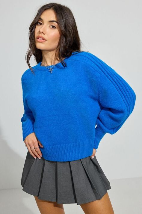 Cobalt Blue Sweater, Purple Striped Sweater, Sweater Styling, Colour Wheel, Blue Clothing, Oversized Crewneck, Blue Outfit, Blue Sweater, Oversized Sweater