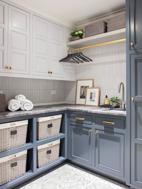 Laundry Room With Dark Blue Cabinets, Laundry Room 2023 Trends, Two Toned Laundry Room Cabinets, Two Tone Laundry Room Cabinets, Laundry Room Without Windows, Light Blue Laundry Room Cabinets, L Shape Laundry Room Ideas, French Blue Laundry Room, Colored Laundry Room Cabinets