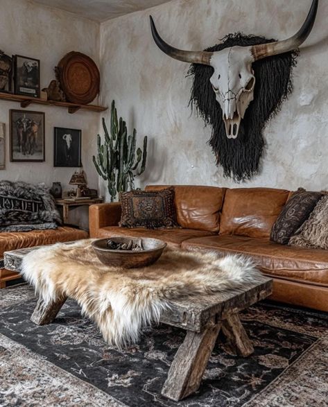 Western Living Room Aesthetic, Western Living Room Decorating Ideas Ranch Style Interior Design, Rustic Western Living Room, Western Living Room Decor, Cowhide Decor, Gothic Western, Western Living Room, Ranch House Decor, Western Gothic