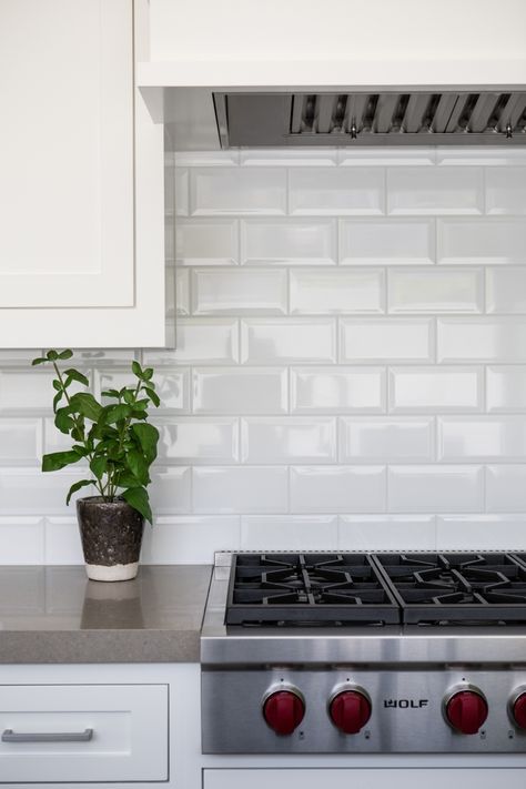 Bevelled Subway Tile Kitchen, 3x6 Beveled Subway Tile Backsplash, Beveled White Subway Tile Backsplash, White Subway Tile Kitchen Backsplash With Mosaic Accent, White Beveled Subway Tile Kitchen, White Tiled Kitchen, Kitchen Tiles White, Beveled Subway Tile Kitchen, White Kitchen Subway Tile