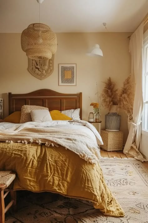 25 Yellow Boho Themed Bedroom Ideas - Bedroom With Mustard Yellow Accents, Small Bedroom Ideas Yellow, Cream Yellow Bedroom, Yellow Accents Bedroom, Mustard Accent Wall Bedroom, Beige And Yellow Bedroom, Boho Primary Bedroom, Yellow And Cream Bedroom, Yellow Comforter Bedroom Ideas