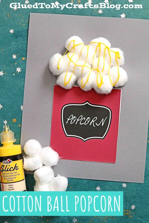 Cotton Ball Popcorn - Paper and Glue Kid Craft Idea Popcorn Craft Ideas, Popcorn Paper Crafts, Popcorn Crafts Preschool, Hollywood Graduation, Hollywood Crafts, Popcorn Craft, Popcorn Crafts, Summer Craft Ideas For Kids, Cotton Ball Crafts