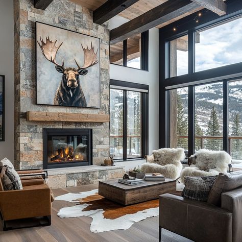 Mountainland living inspo in the Utah mountains. Bring the feeling of the amazing wildlife indoors. Call to set up your interior design appointment. #utah #mountainlandscape #mountainhome #mountainlife #wildlifeinspo #wildlife #interiordesign #interior #moose #poseinspo Montana Aesthetic Home, Mountain Side Homes, Luxury Mountain Homes Interiors, Rustic Mountain Homes Interior, Mountain Modern Home Interiors, Modern Lodge Decor, Mountain Chalet Interior, Mountain Homes Interiors, Mountain Cabin Interior