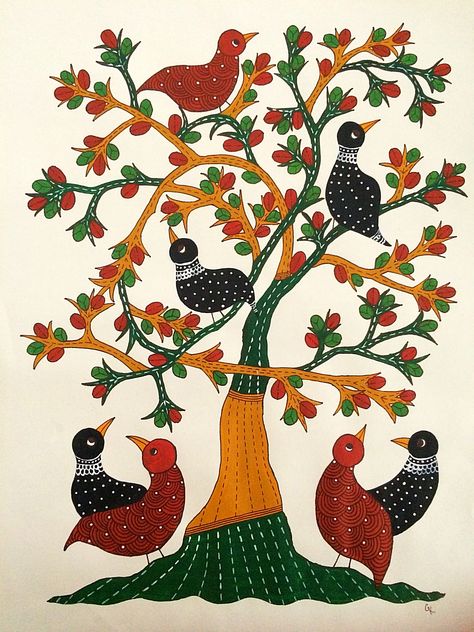 Gond Painting Folk Art Birds, Joyeeta Art, Gond Art Pattern, Gond Painting Design, Gond Painting Folk Art, Bhil Painting, Gond Art, Gond Painting, Fabric Painting Techniques