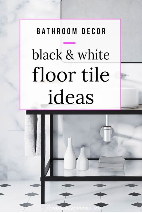 Bathroom Decor: Black and white floor tile ideas | Bathroom Remodel White Bathroom Floor Tile Ideas, Simple Bathroom Updates, Bathroom Walls Ideas, White Bathroom Floor Tile, Black And White Floor Tile, Black And White Floor Tiles, Bathroom Decor Black And White, White Bathroom Floor, Black And White Bathroom Floor