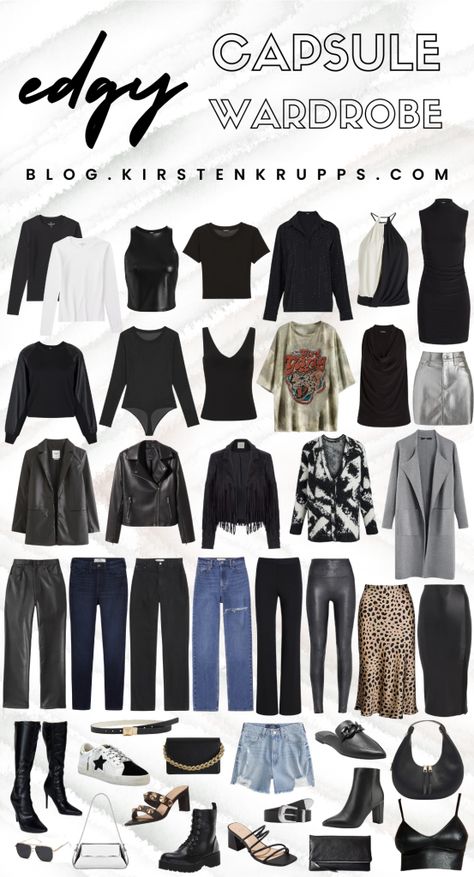 Building an Edgy Capsule Wardrobe: Top Picks for Effortless Cool » Kirsten Krupps Casual Edgy Capsule Wardrobe, Edgy Winter Capsule Wardrobe, Edgy Fall Capsule Wardrobe, Rockstar Capsule Wardrobe, Edgy Wardrobe Capsule, Edgy Capsule Wardrobe 2024, Alternative Fashion For Women Over 30, Rocker Capsule Wardrobe, Dark Capsule Wardrobe