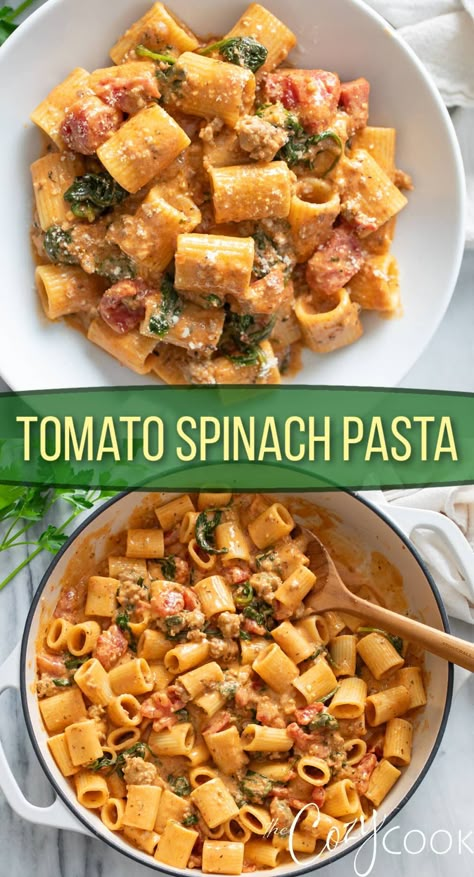 This Tomato Spinach Pasta has savory pasta tossed in a tomato cream sauce with sausage, fresh Spinach, Parmesan, and diced tomatoes! It makes the best easy dinner recipe! Tomato Spinach Pasta, Tomato And Spinach Pasta, Whole30 Dinner Easy, Whole30 Easy, Healthy Cocktail Recipes, Dinner For Two Recipes, Spinach Parmesan, Pasta Spinach, Healthy Easy Recipe