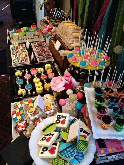 1980s Desserts 80s Party, 80s Theme Dessert Table, 80s Party Dessert Table, 80s Dessert Table, 90s Dessert Table, 80’s Party Food, 1990s Birthday Party Theme, 80s Wedding Theme, 80s Party Foods