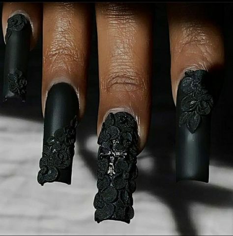 Dark Baddie Nails, Dark Gothic Nails, Silhouette Nails, Army Nails, Lace Nail Design, 3d Acrylic Nails, 19 Birthday, Lace Nail Art, Retro Nails