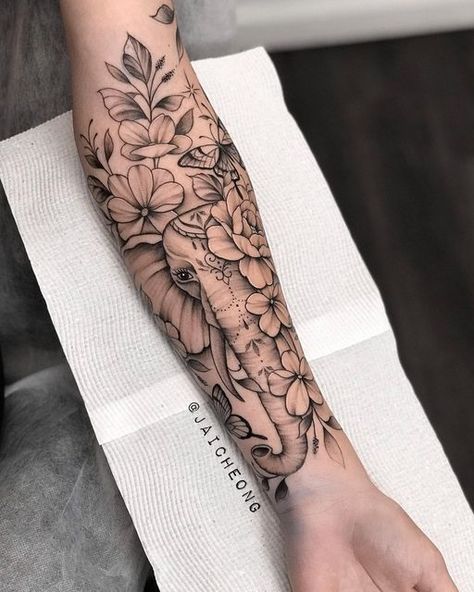 Elephant Sleeve Tattoos For Women, Arm Elephant Tattoo, Tattoo Brazo Mujer, Girly Sleeve Tattoo, Elephant Thigh Tattoo, Cute Elephant Tattoo, Unique Half Sleeve Tattoos, Arm Sleeve Tattoos For Women, Half Sleeve Tattoos