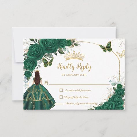 Emerald Green Flowers, Flowers Theme, Green Invitations, Emerald Green Dress, Colors Matching, Emerald Green Dresses, Quinceanera Party, Flowers And Butterflies, Green Cards