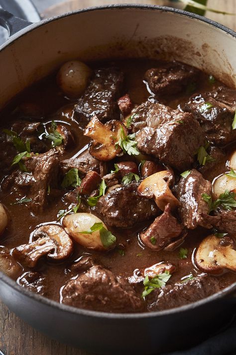 Serve with creamy mashed potatoes and some green vegetables, or even a crisp side salad with a mustardy dressing. Beef Bourguignon Slow Cooker, Hairy Bikers Recipes, Beef Bourguignon Recipe, Creamy Mashed Potatoes, Beef Casserole, Beef Dinner, Slow Cooker Beef, Green Vegetables, Chicken Crockpot Recipes