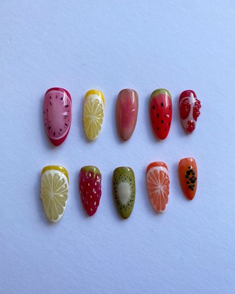 Cute Fruit Nails, Kiwi Nails, Berry Nails, Fruit Nails, Custom Press On Nails, Face Nails, Aesthetic Nails, Cute Fruit, Level 4