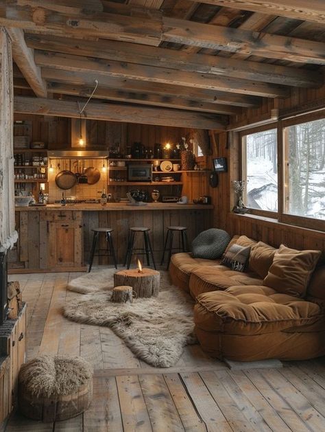 Nordic Chalet Interior, Wooden Chalet Interior, Primitive Cabin Interior, Cabin Rec Room, Rustic Cabin Aesthetic, Homestead House Interior, Log Cabin Homes Interior Rustic, Small Barn Conversion Interiors, Simple Log Cabin Homes