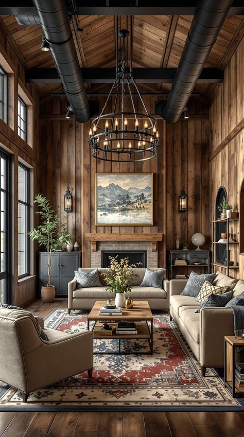 Industrial Farmhouse Living Room Rustic Industrial Decor Living Room, Vintage Industrial Living Room, Industrial Chic Living Room, Rustic Industrial Living Room, Farmhouse Industrial Decor, Industrial Rustic Decor, Chic Living Room Ideas, Industrial Lounge, Industrial Farmhouse Living Room