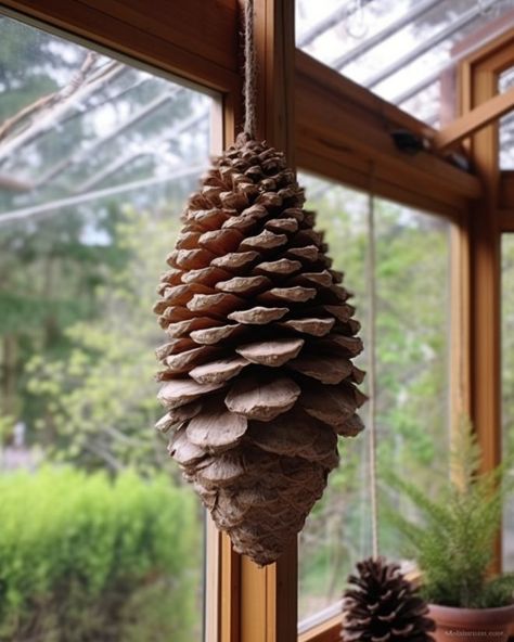 Pinecone Outdoor Decor, Pine Cone Garden Ideas, Decorating With Large Pinecones, Giant Pinecones Ideas, Pine Cone Wind Chime, Ideas For Pine Cones, Big Pinecone Crafts, Pine Cone Uses, Large Pinecones Ideas