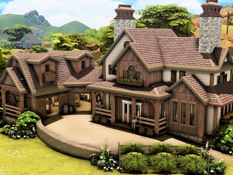 Farm Sims 4 House, Sims 4 Small Farmhouse, Farmhouse Cc Sims 4, Sims 4 Chestnut Ridge, The Sims 4 Ranch House, Sims 4 Ranch Build, Sims Ranch House, Sims4 Farmhouse, Sims 4 Farmhouse Layout