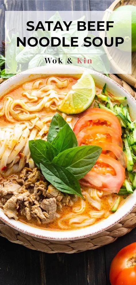 This creamy satay beef noodle soup is my go-to for every winter! You'll love this easy, delicious and warming recipe. #sataybeef #sataybeefnoodlesoup #sataybeefnoodles #chinesefood #noodlesoup Satay Soup, Asian Noodle Soup Recipes, Satay Beef, Asian Beef Recipes, Winter Warmer Recipes, Asian Noodle Soup, Beef Satay, Asian Soup Noodle, Noodle Soups