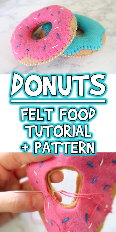 Today I'm starting a new series all about felt food! For our first project, I'm showing you how to make these super cute felt food donuts! Donut Pincushion Pattern, Felt Donuts Diy, Fabric Food Toys, Felt Bakery Food Free Pattern, How To Make Felt Food, How To Sew Felt, No Sew Felt Food, Felt Food Patterns Free Templates, Felt Food Templates