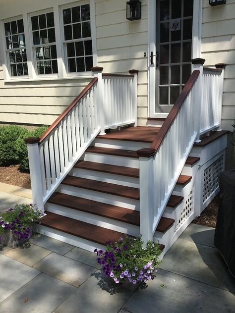 Staining Exterior Stairs in Chatham NJ - Monks Home Improvements Front Stairs Exterior, Exterior Front Steps, Backyard Stairs From House, Outdoor Stairs To House, Entry Stairs Exterior, Exterior Stairs To Front Door, Porch Steps With Landing, Porch Steps With Railing, Front Porch Steps Ideas