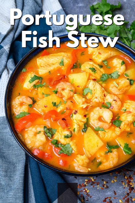 This Portuguese fish stew (caldeirada) is a delicious dish made with vegetables, fish and seafood in a richly flavored broth. It’s a simple stew full of Mediterranean flavors that’s just perfect with some rustic, crusty bread. Seafood Stew Recipes, Fish Stew Recipes, Seafood Soup Recipes, Creamy Potatoes, Seafood Dish Recipes, Hearty Stew, Fish Dinner Recipes, Cheap Meal Ideas, Seafood Stew