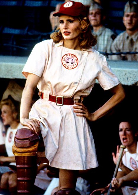 Geena Davis in A League of Their Own, 1992, I love this movie so much its insane. These women were so inspirational to me as a little girl. I want to learn to sew so I can make one of those uniforms! 4th Of July Movies, Red Head Halloween Costumes, July Movies, Best Period Dramas, Rockford Peaches, Classy Halloween Costumes, No Crying In Baseball, Geena Davis, No Crying