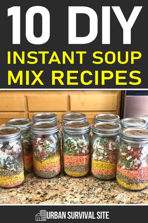 The great thing about DIY instant soup mixes is that most of them are as easy to make as a cup of tea. They may not pack a lot of calories, but on a cold day or when you actually have a cold, they can be a welcome addition to your diet. One of the primary benefits of adding instant soup mixes to your food storage is that they tend to have a long shelf-life and are inexpensive to put together. Survival Soup Recipe, Vegetable Soup Mix Recipe Dry, Gift Soup In A Jar, Mason Jar Dry Soup Mix Recipes, Soups You Can Can, Mason Jar Instant Soup Recipes, Dry Soup In A Jar, Dry Soup Mixes For Gifts, Diy Soup Recipes