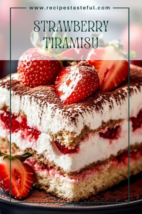 A delightful twist on the classic tiramisu, this Strawberry Tiramisu features layers of creamy mascarpone filling, sweet strawberry jam, and ladyfingers soaked in a luscious strawberry syrup. Perfect for summer gatherings or any sweet occasion! Strawberry Tiramisu Recipe, Lady Fingers Dessert, Tiramisu Mascarpone, Fun Foods To Make, Mascarpone Filling, Finger Desserts, Classic Tiramisu, Mascarpone Dessert, Strawberry Tiramisu