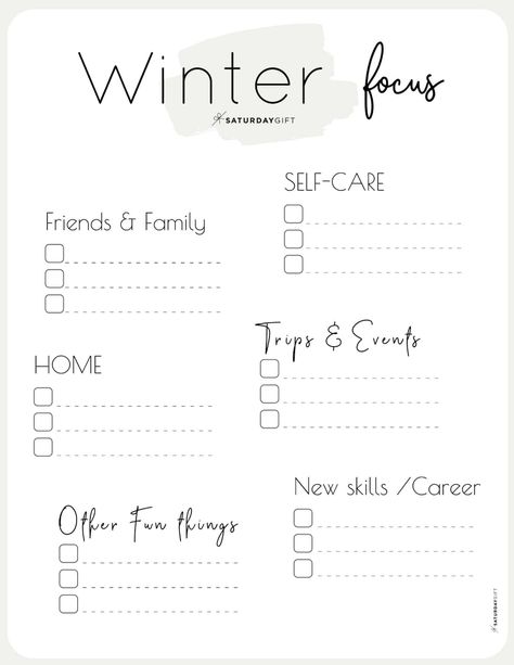 What are your winter plans and goals? What do you want to focus on? Use this simple worksheet from Saturday Gift to create a 12-week plan and stay focused and organized. Try this free simple printable worksheet for helping set your goals. #printable #planning #winter #focus #goals Q1 Goals, Goal Calendar, Free Printable Planner Pages, How To Be More Organized, Printable Stationary, Goals Template, Goals Worksheet, Productive Life, Free Printable Planner