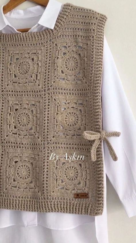 Crochet Lady Cardigan Free Pattern, Crochet Vest Jacket, How To Style Crochet Vest, Crochet Shirt Easy, Crochet Vest Styling, How To Knit A Vest, Vest Pattern Crochet, Crochet Square Vest, How To Crochet A Vest