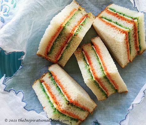 The Inspirational Nook: (VIDEO) Tricolour Triangle Tea Sandwiches Tricolour Food, Triangle Sandwiches, Sandwiches Afternoon Tea, Eggplant Relish, Sandwiches Ideas, Sandwich Club, Chutney Sandwich, Sandwich Maker Recipes, Cold Sandwich Recipes