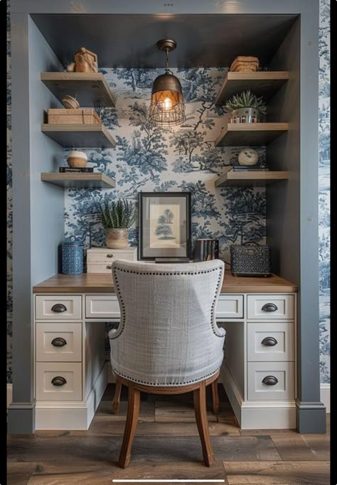 Alcove Home Office, Home Office Ideas Blue, Blue Study Room, Blue Home Offices, Beautiful Office Spaces, Productive Work, Small Space Office, Small Home Offices, Cozy Home Office