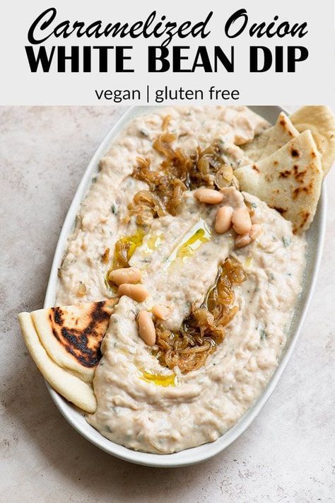 This crowdpleasing caramelized onion white bean dip is easy to make and so delicious! White beans make for an extra creamy base that's vegan & gluten free. Cheese Sauces, White Bean Dip, Vegan Dips, Vegan Dip, Bean Dip, Caramelized Onion, Buffalo Chicken Dip, Vegan Appetizers, White Bean