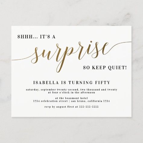 $1.85 | Modern Gold Stylish Script Surprise Birthday Party #modern stylish script, surprise birthday party, elegant modern surprise birthday party, white and gold, black and gold, shh, it's a surprise, surprise birthday invitations, surprise party invitations, surprise invitations Birthday Party Minimalist, Masquerade Sweet 16, Birthday Party Elegant, Sweet 16 Party Invitations, Surprise Party Invitations, Postcard Wedding Invitation, Surprise Birthday Invitations, Surprise Birthday Party, 50th Birthday Invitations