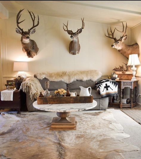 Deer Head Decor Living Room, Deer Hide Decor, Deer Head Decor Living Room Farmhouse, Deer Head Decor, Western Living Room, Deer Hide, Trophy Rooms, Living Room Farmhouse, Living Room Entryway