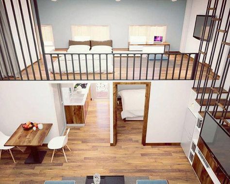 Tiny House No Loft, Mezzanine House Design, Tiny House 2 Bedroom, Loft Type House, Loft Style House, Small Loft Apartments, Loft Layout, Loft Type, Tiny Loft